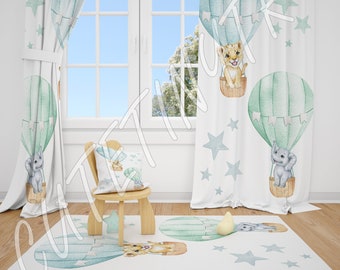 Éléphant mignon et lion, montgolfières, rideau pour chambre de bébé garçon, rideaux pour chambre d'enfant, rideaux de fenêtre