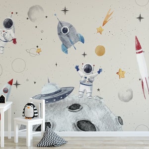 Carta da parati con pianeti astronauti spaziali Carta da parati con acquerello per bambini nello spazio Carta da parati con sbucciatura e bastone per bambini Carta da parati con tema spaziale per bambini