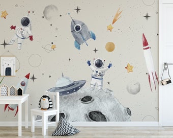 Space Astronaut Planets Wallpaper Watercolor Space Kids Wallpaper Peel And Stick Nursey Wallpaper Space Themed Kids Wall Mural