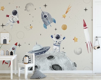 Aquarell Weltraum Wandbild: Astronauten, Planeten, Schälen und Aufkleben