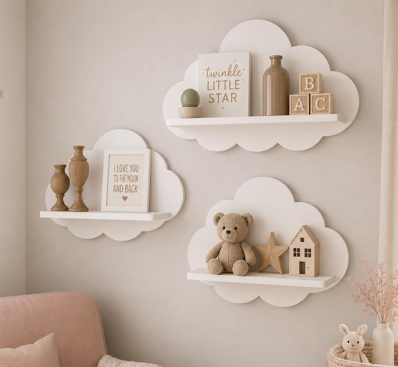 Peut inclure: Trois &eacute;tag&egrave;res murales blanches en forme de nuage. L'&eacute;tag&egrave;re sup&eacute;rieure contient un livre intitul&eacute; "twinkle LITTLE STAR", une bouteille marron et des cubes avec les lettres B, A, C. L'&eacute;tag&egrave;re de gauche porte deux vases marron et un cadre.