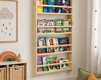 Montessori Wall Bookshelf, 4 Shelves Wooden Kids Book Display, Nursery Wall Shelf