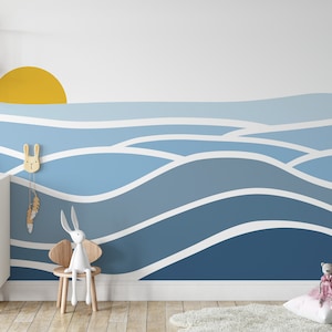 Blaue Tapete zum Abziehen und Aufkleben, Maritime Wanddekoration, Meereswellen und Sonnentapete