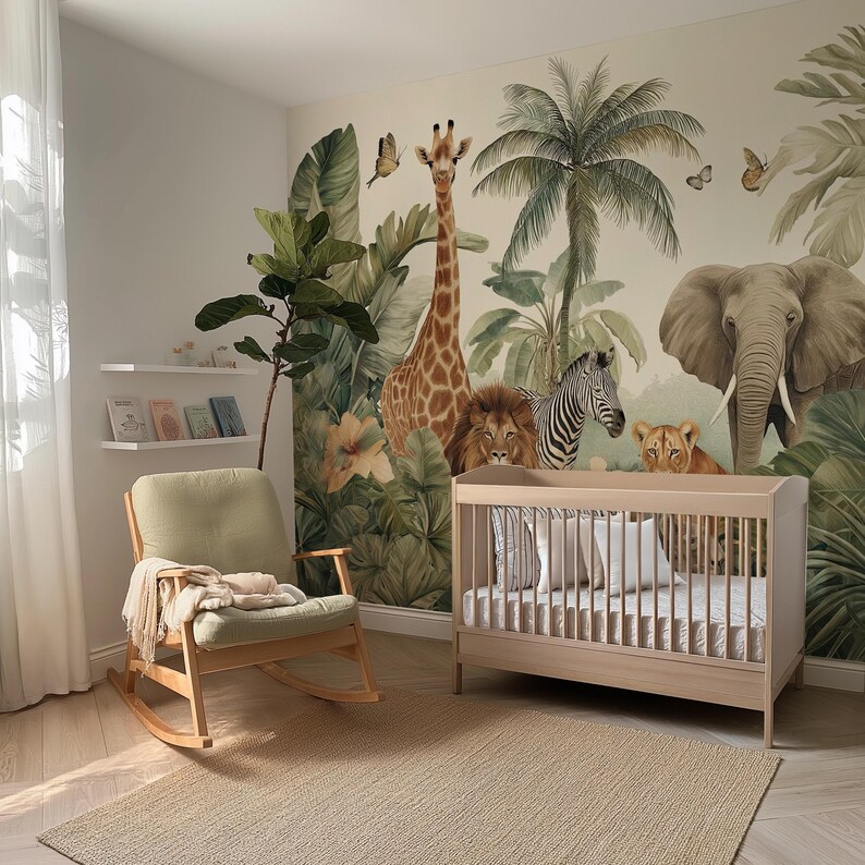 Watercolor Safari Animals Wallpaper: Peel and Stick Nursery Wall Mural ...
