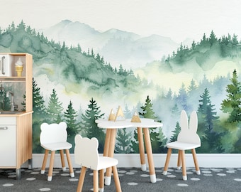 Watercolor Forest Misty Mountains Wallpaper: Peel and Stick Wall Mural