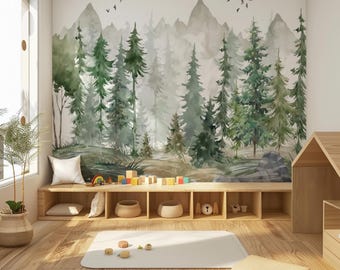 Watercolor Forest and Mountain Wallpaper: Peel and Stick Tree Nursery Wall Mural