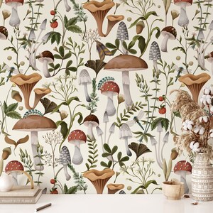 Mushroom Wallpaper: Vintage Woodland Peel and Stick Wall Mural