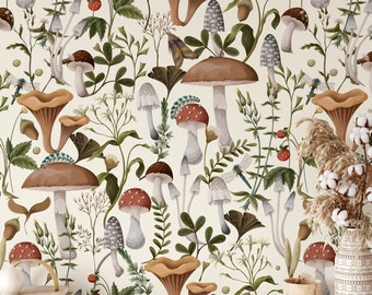 Paddenstoelenbehang: vintage bosmuurschildering