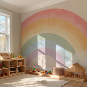 Papel de Parede Aquarela Pastel Arco-Íris: Mural de Parede Autoadesivo para Quarto Infantil