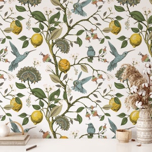 Vintage Hummingbird Peel and Stick Wallpaper, Lemons Wallpaper, Removable Wallpaper, Botanical Floral Wallpaper