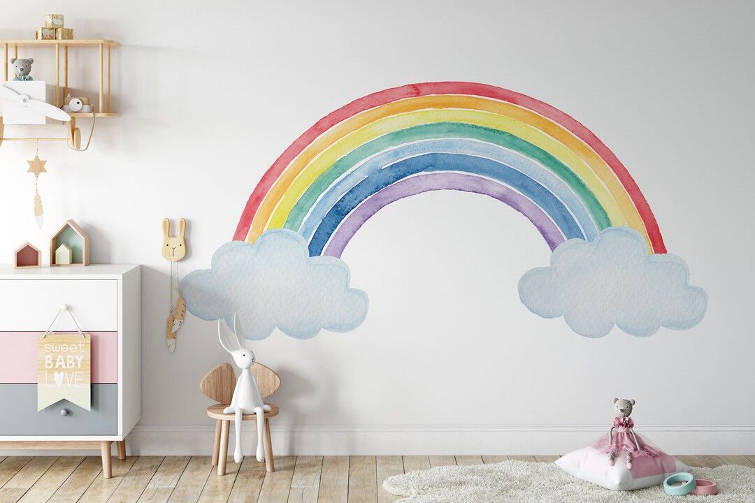 Watercolor Rainbow and Clouds Wall Decals, Nursery Wall Decal, Girls ...