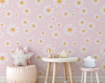 Pastel Pink Daisy Wallpaper: Peel and Stick Kids Nursery Wall Decor