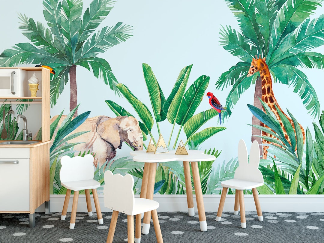 Cute Jungle Animals Wallpaper Nursery Boy Wallpaper Baby Room Etsy