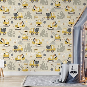 Construction Vehicles Peel And Stick Wallpaper, Nursery Wallpaper, Construction Trucks Kids Wall Mural