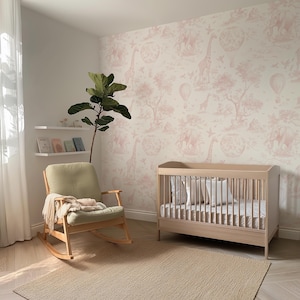 Blush Pink Safari Toile-tapet: Skalbar och självhäftande väggmålning för barnrum bild 7