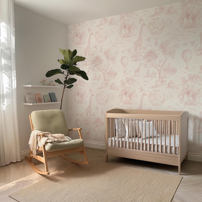 Blush Pink Safari Toile-tapet: Skalbar och självhäftande väggmålning för barnrum bild 7