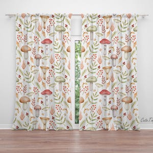 May include: White curtains with a repeating pattern of watercolor mushrooms and leaves in shades of brown, green, and red.