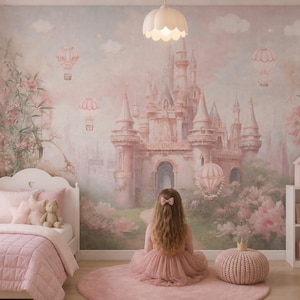 Pink Fairy Castle Wallpaper: Peel and Stick Nursery Wall Mural
