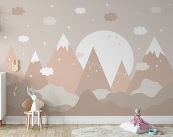 Papier peint autocollant Montagnes neutres bohèmes, sticker mural montagne, décoration murale bois, montagne scandinave