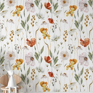 Watercolor Wild Flower Wallpaper, Soft Floral Wall Mural, Peel and Stick Wallpaper