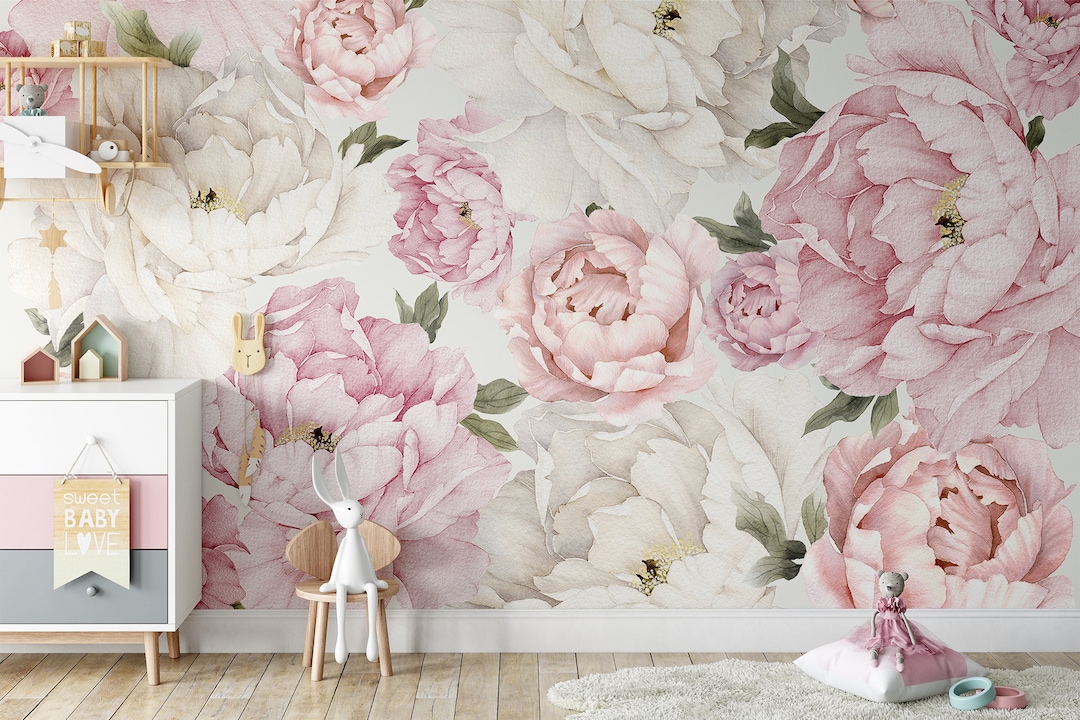 Peel and Stick Peony Wallpaper: Soft Pink Floral Nursery Decor - Etsy