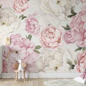 Soft Pink and White Peony Florals Wallpaper Self Adhesive Peel and Stick Nursery Wall Decor