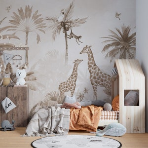 Carta da parati con animali da safari, staccabile e adesiva, decorazione da parete per bambini, animali della giungla tropicale, murale da parete per bambini
