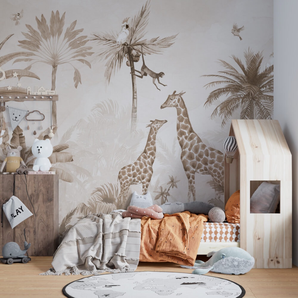Safari Animals Wallpaper Peel And Stick Nursery Wall Decor Tropical Jungle Animals Kids Wall Mural