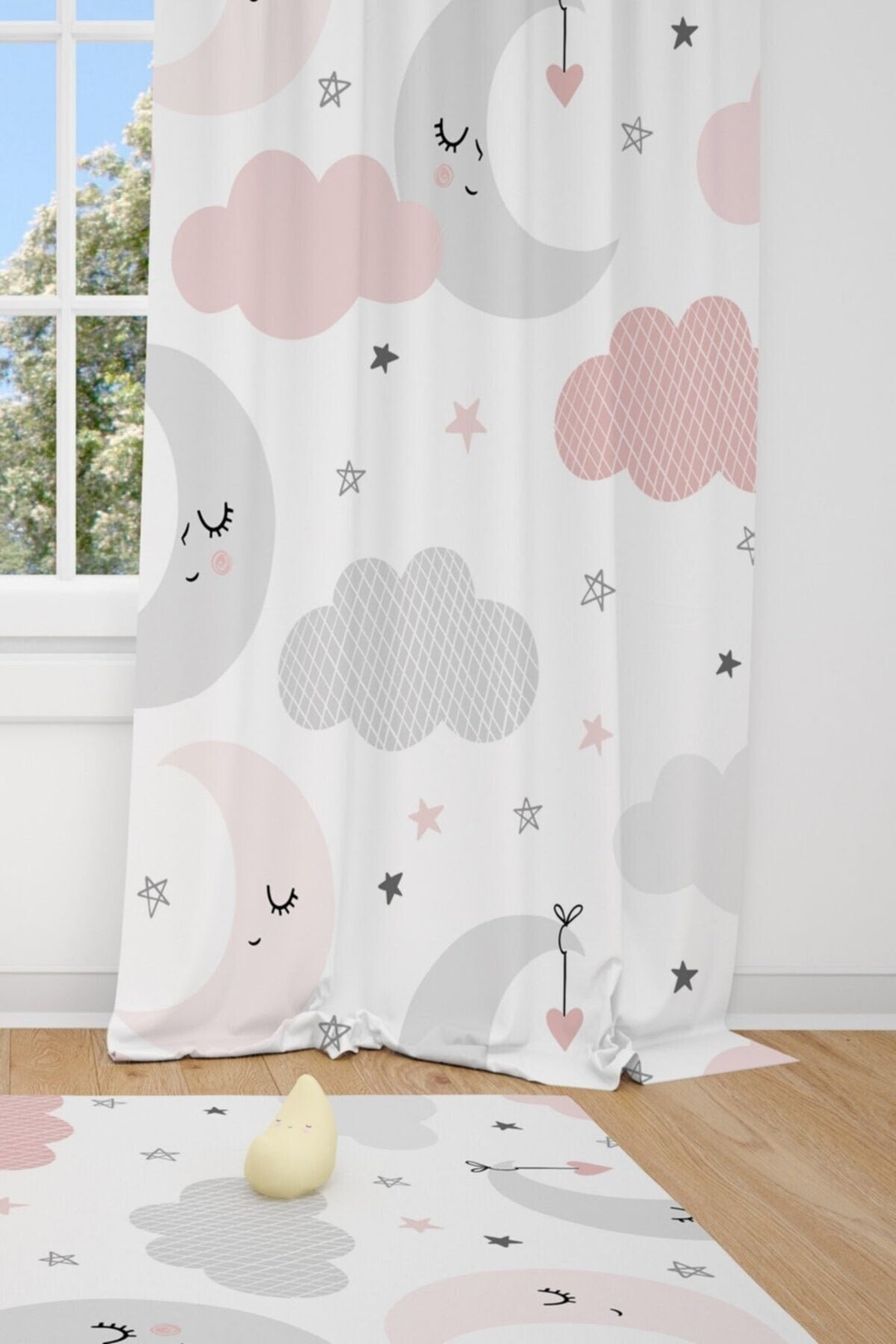 Clouds Moon and Stars Baby Girl Room Curtains Nursery Curtains Window