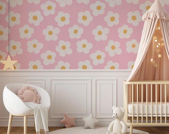 Soft Pink Daisy Wallpaper: Peel and Stick Kids Nursery Wall Decor
