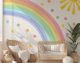 Vinilo decorativo de pared con medio arcoíris en acuarela pastel: decoración de pared para habitación infantil.