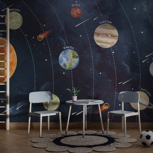 Carta da parati con spazio e pianeti, stacca e attacca, decorazione da parete per bambini, carta da parati con sistema solare