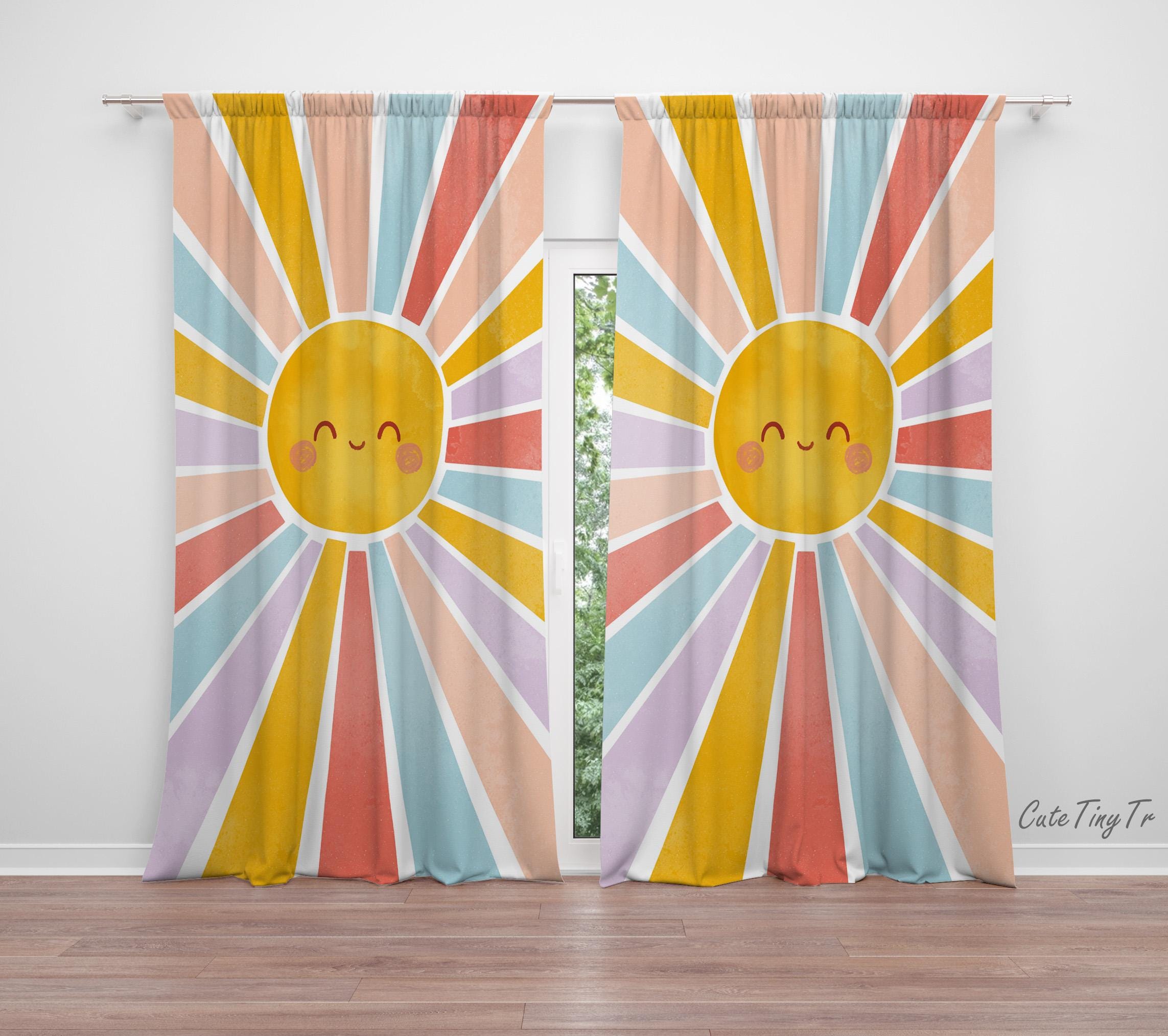 Tenda per cameretta per bambina con motivo arcobaleno e sole, tende per cameretta, tende per finestre