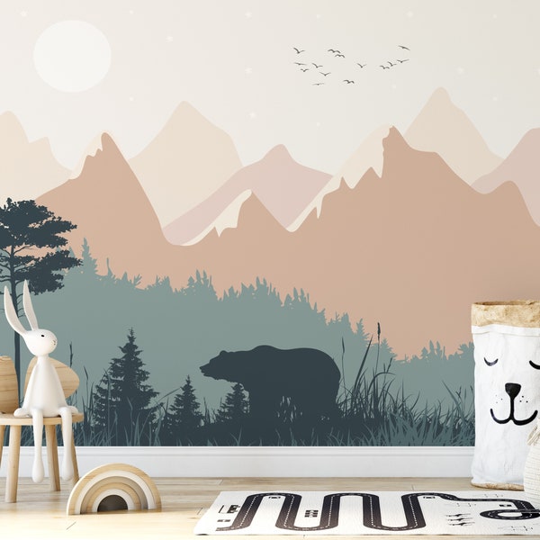 Mountain Wallpaper, Woodland Wallpaper, Forest Pine Tree Mural, Bear Wallpaper, Kids Wallpaper