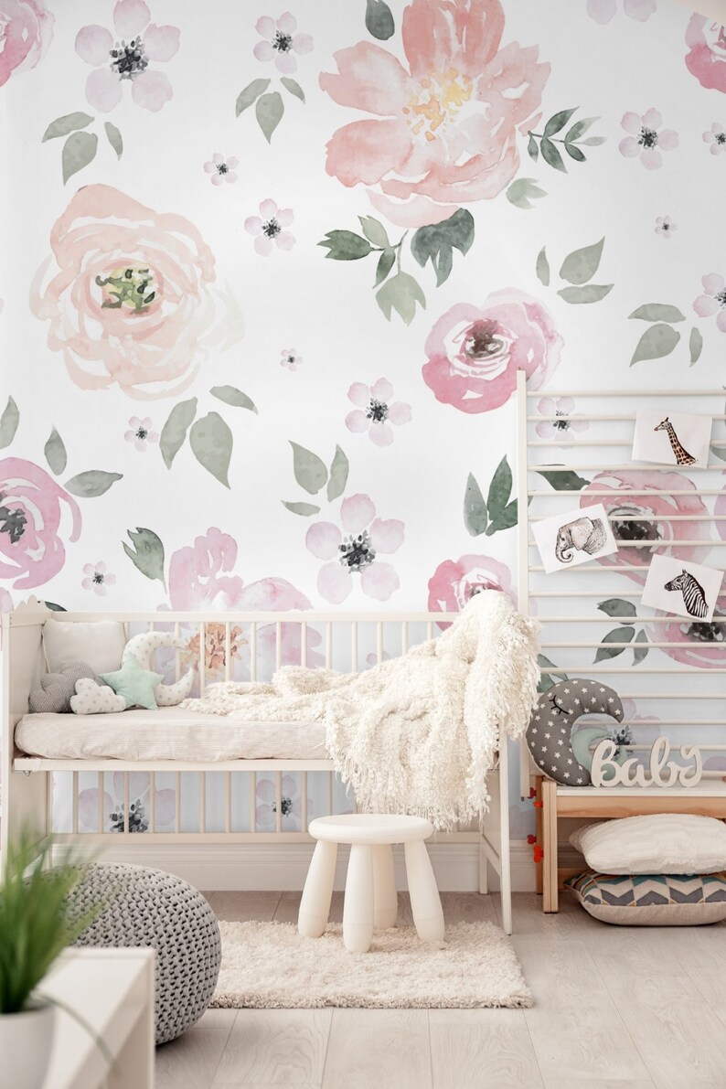 Light Pink Floral Wallpaper Nursery Girl Wallpaper Baby Room Etsy