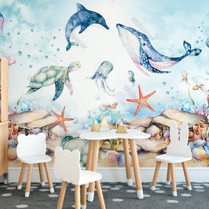 Watercolor Ocean Animals Wallpaper Peel And Stick Nursey Wall Decor Kids Wall Mural Sea Animals Whale