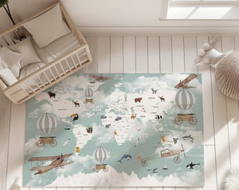 May include: A rectangular rug featuring a world map design with a light blue background and illustrations of animals, airplanes, and hot air balloons. The rug has a whimsical, child-friendly aesthetic.