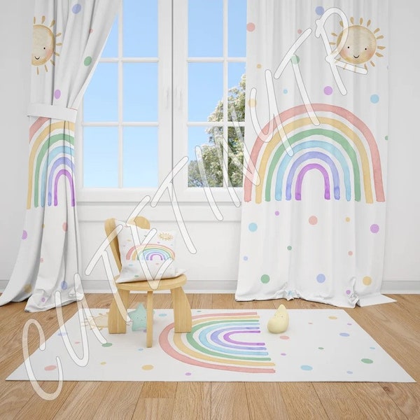 Pastel Rainbow and Sun Baby Girl Room Rug, Lampshade, Cushion Cover