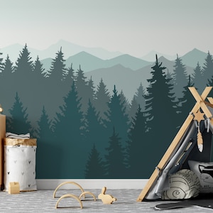 Forest and Mountains Peel and Stick Wallpaper, Mountain Wall Decal, Woodland Wall Mural, Pine Tree Wall Decal