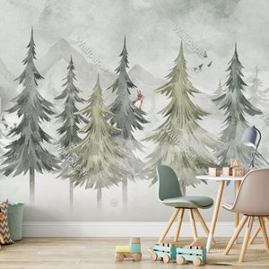 Watercolor Pine Trees and Mountains Wallpaper Peel And Stick Nursey Wall Decor Kids Wall Mural