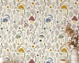Colorful Mushroom Peel and Stick Wallpaper - Forest Wall Decor