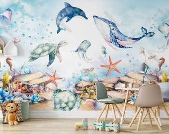 Watercolor Ocean Animals Wallpaper Peel And Stick Nursey Wall Decor Kids Wall Mural Sea Animals Whale