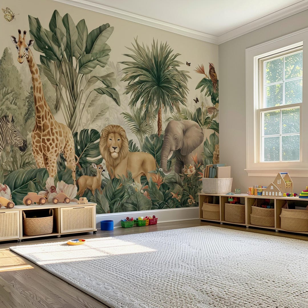 Safari Animals Wallpaper: Peel and Stick Nursery Jungle Wall Mural - Etsy