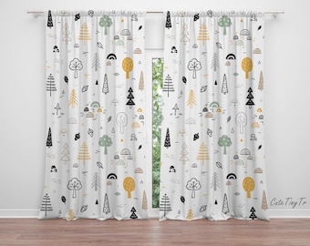May include: A pair of white curtains with a black and yellow woodland pattern. The pattern features trees, leaves, and acorns.