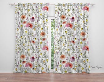 May include: A pair of white curtains with a floral pattern featuring pink, orange, and yellow flowers on a white background.