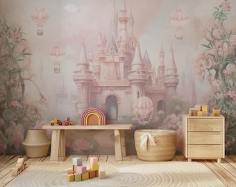 Pink Fairy Castle Wallpaper: Peel and Stick Nursery Wall Mural