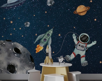 Astronaut und Planeten Tapete: Weltraum-Wanddekor zum Aufkleben