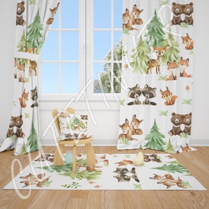 Watercolor Woodland Forest Animals Baby Boy Room Curtain Nursery Curtains Window Curtains