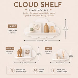 Peut inclure: Un guide des tailles d'&eacute;tag&egrave;res en forme de nuage pr&eacute;sentant trois &eacute;tag&egrave;res blanches en tailles grande, moyenne et petite. La grande &eacute;tag&egrave;re mesure 50 cm de large et 31 cm de haut. La moyenne mesure 46 cm de large et 28 cm de haut, et la petite 36 cm sur 25 cm.