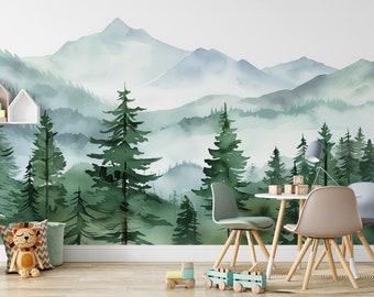 Watercolor Green Misty Mountain and Forest Wallpaper Peel And Stick Nursery Wall Decor Woodland Pine Tree Kids Wall Mural